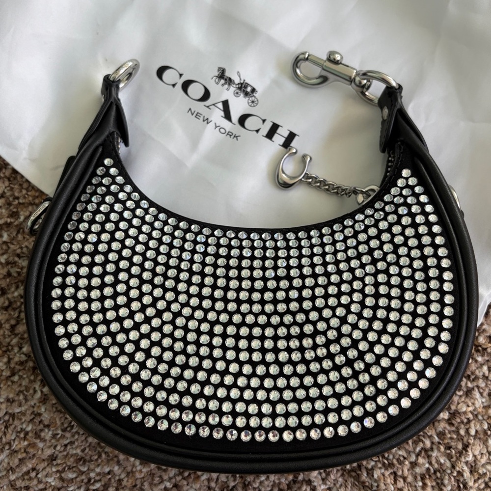 Black leather Crystal Crescent COACH Jonie crossbody clutch Bag NWT